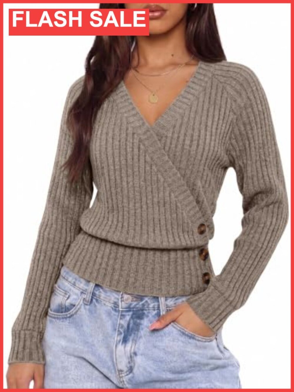 OFEEFAN Long Sleeve Surplice V Neck Wrap Top Ribbed Knit